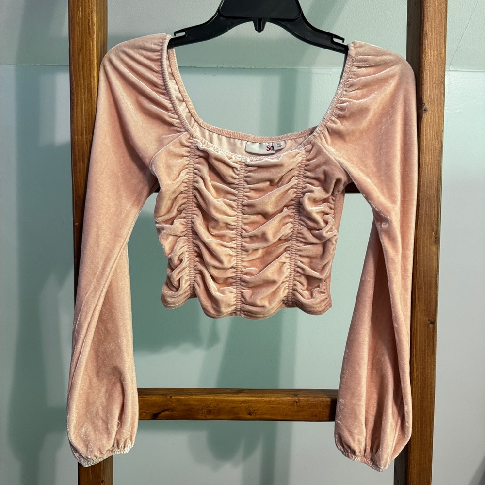 SO Pink Ruched Long Sleeve Crop Blouse